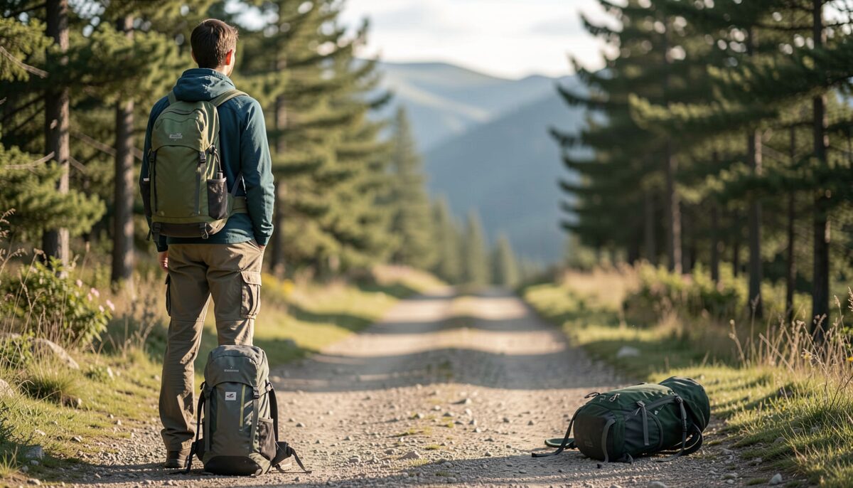 A person standing at a trailhead looking back at a path, with a backpack on the ground beside them.