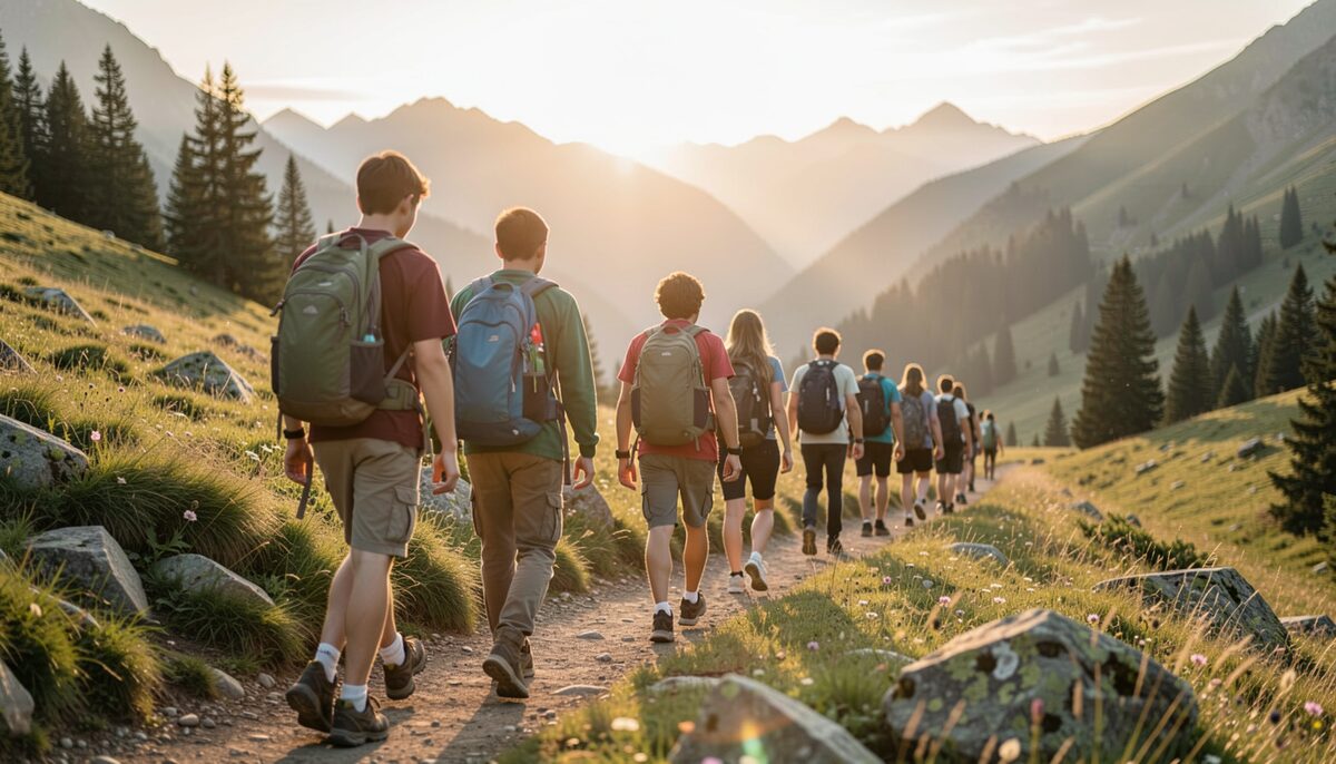 A group of young people wearing backpacks walking single file along a narrow mountain trail at sunrise.