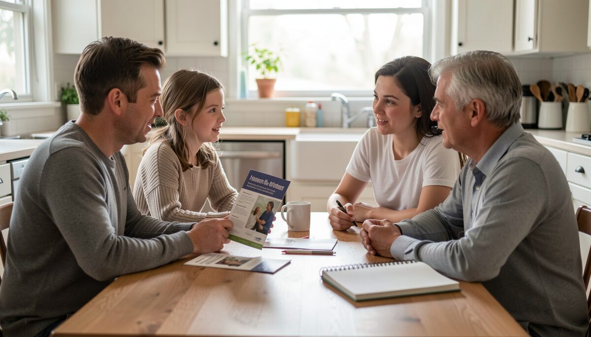 A family sitting around a kitchen table with a brochure and a notebook, engaged in conversation.