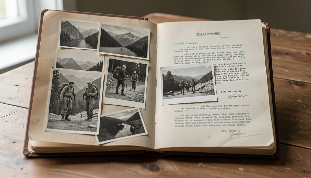 An open archival folder with old black and white photographs of hikers and typed documents on a wooden table.