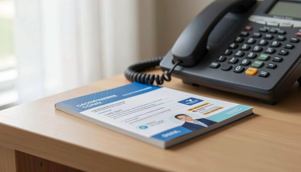 A health insurance card and a booklet on a table next to a telephone.