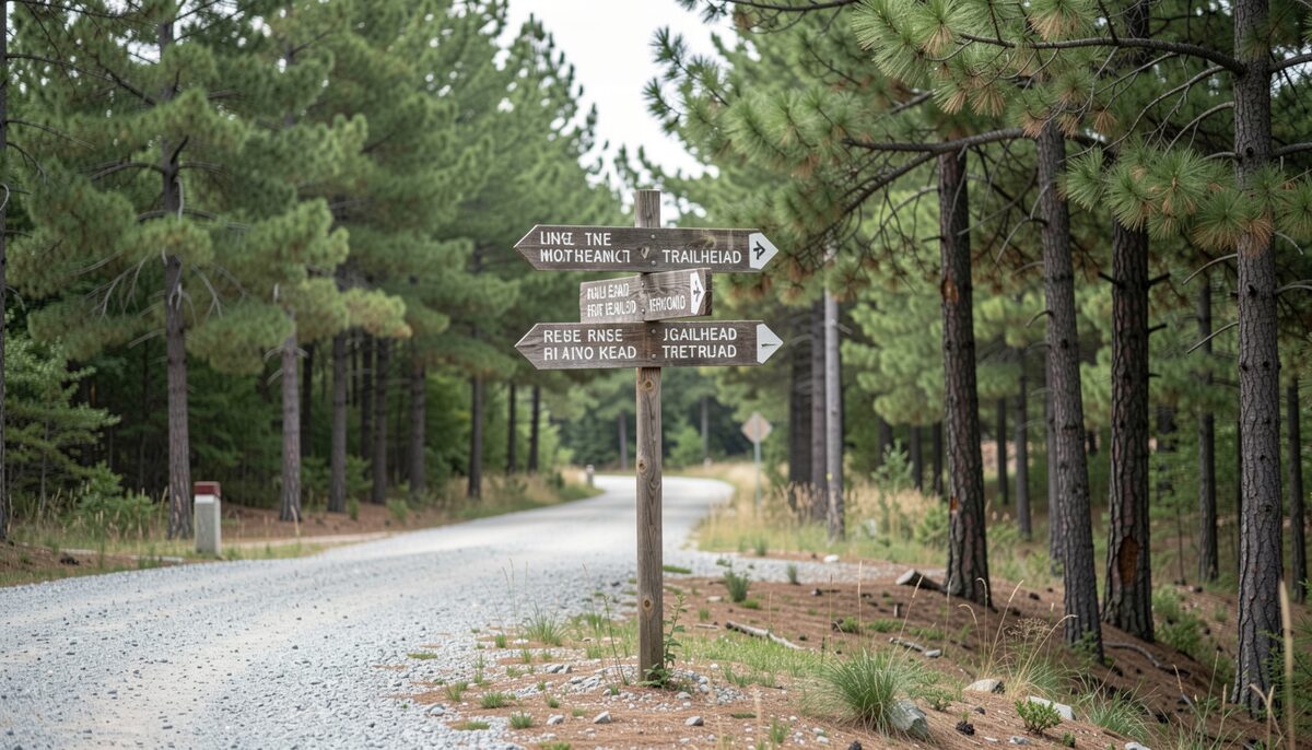 A trailhead signpost with multiple arrows pointing in different directions, surrounded by pine trees and a gravel path.