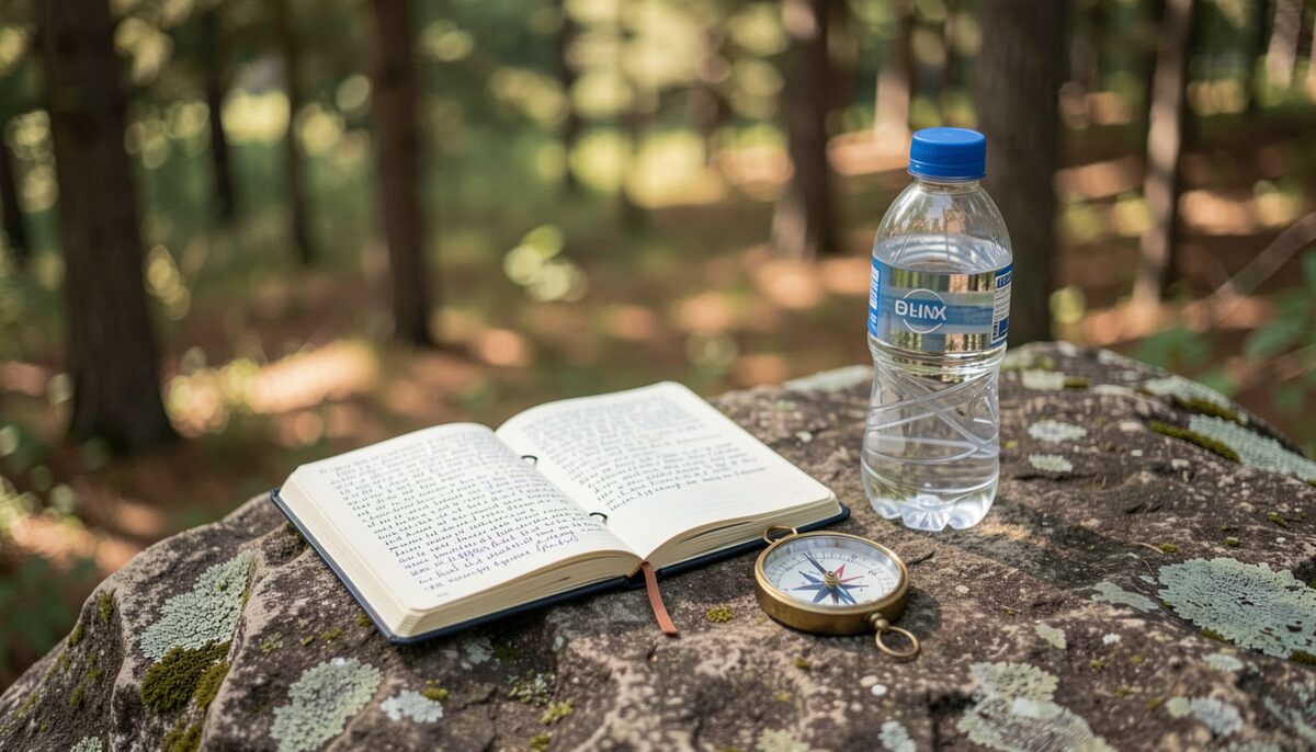 A hand-written journal open on a rock next to a compass and a water bottle, with a blurred forest background.